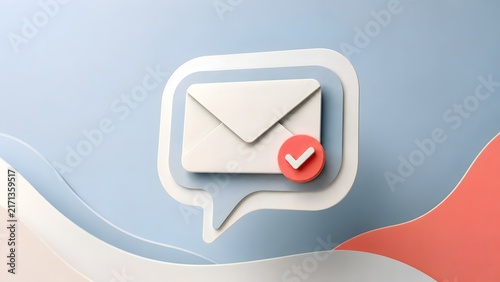 3D Rendered White Envelope Icon With Red Checkmark In Speech Bubble On Pastel Background