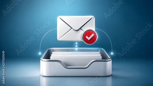 Floating 3D Envelope With Red Checkmark Above Inbox Tray On Blue Background