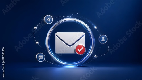 3D Envelope Icon With Red Checkmark And Orbital Communication Symbols On Blue Background