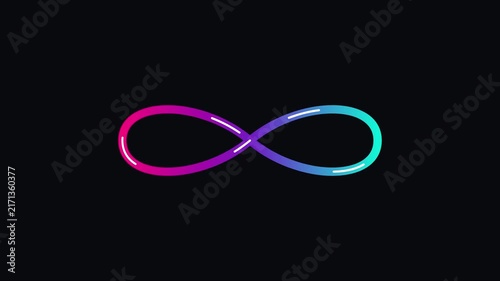 Neon infinity symbol animation with vibrant pink and blue gradient glow on 4k black background