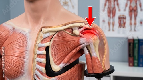 Cuadro en lienzo Human shoulder anatomy model showing joint pain with red arrow