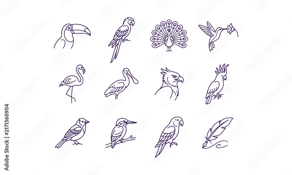 Obraz premium Diverse Avian Collection in Minimalist Outline Vector Style on White Background for Design