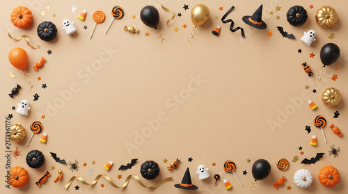 Halloween party border of spooky buttons, beads, and charms on kraft paper background for crafts and decor