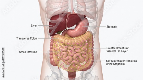 Obraz na plátně 3D human digestive system model with labeled organs and microbiota