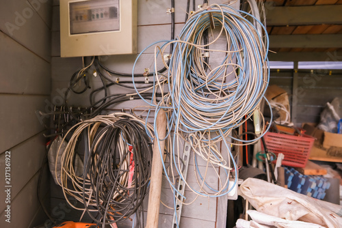 Принти на полотні Bundle of electrical cables and wiring hanging in mess