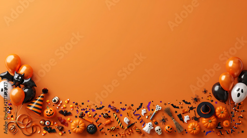 Halloween party border with glowing orange lights and spooky black bats on peach background