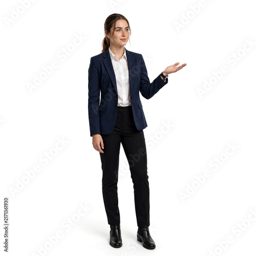 Professional businesswoman in blue blazer and black trousers gesturing hand over white background.