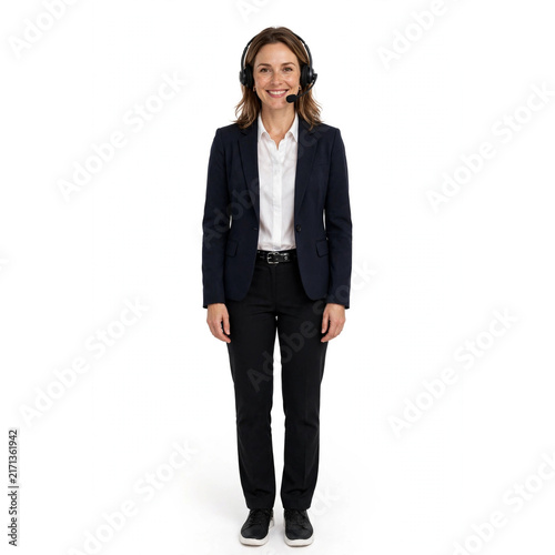 Professional customer service representative wearing headset and dark business suit for call center.
