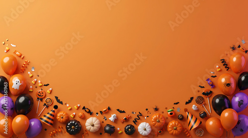 Halloween party border with glowing purple orange pumpkins and spooky black bats on gradient background