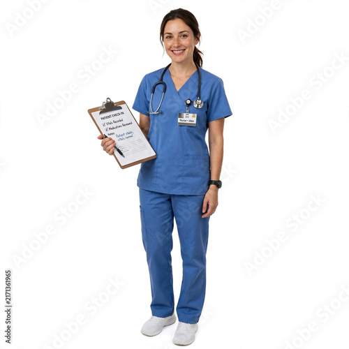 Smiling female nurse in blue scrubs holding patient clipboard with stethoscope around neck in studio.