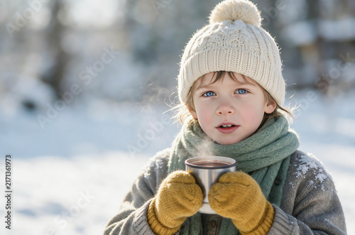 Child bundled warm in snowy forest. Gazing softly at camera, cup of steaming drink held. Gloved hands steady, smiling gently. Sunny day, snowflakes drift around