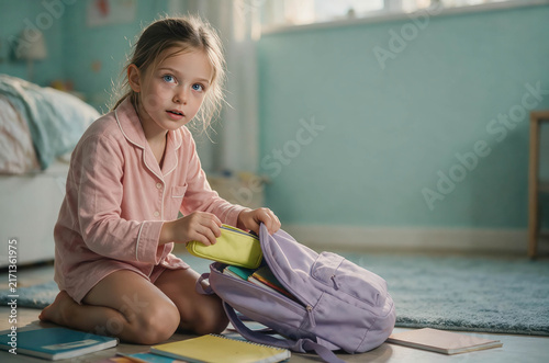 Young girl kneels floor, packing school bag. Soft pink pajamas match her calm, thoughtful expression. Light blue walls frame cozy, tidy bedroom. Books and notebooks rest beside her, ready for school