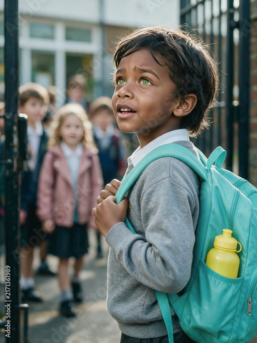 Young boy stands outside school gate. He wears gray sweater and teal backpack. Yellow water bottle hangs from strap. Wide eyes show curiosity and wonder. Other children walk behind him, blurred