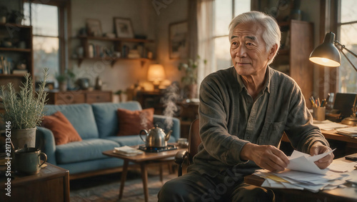 Senior man sits calmly at desk, reading papers. Soft light glows from lamp beside him. Cozy room features blue sofa and warm decor. His thoughtful gaze suggests quiet reflection