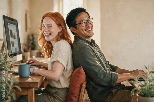 Warm sunlight bathes two smiling colleagues. They sit back-to-back at wooden desks, working together. Caffeine cups and plants add cozy, productive atmosphere. Laughter suggests relaxed teamwork