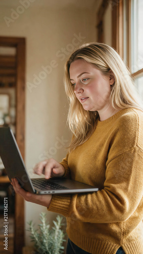 Young woman focused on laptop, indoors. Soft lighting highlights her calm, thoughtful expression. Warm sweater adds cozy, intimate feel to the scene. Ideal for remote work, home study