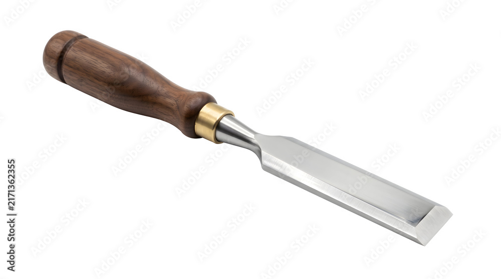 Fototapeta premium Professional wood chisel with walnut handle, sharp steel woodworking tool for carpentry, hand carving chisel on white background
