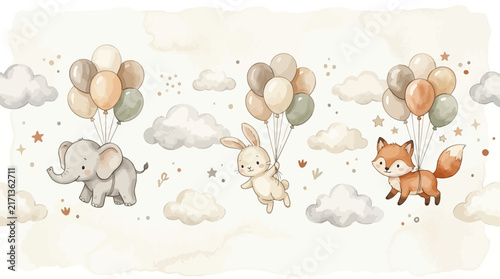 Baby animals flying with balloons watercolor illustration.