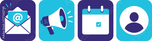 A set of four square icons representing email communication marketing schedule and user profile.