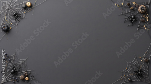 Close-up of realistic Halloween spider web with dew drops in dark corner setting