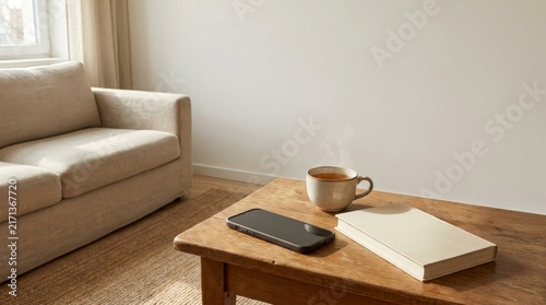 Cozy living room with coffee table and modern smartphone.