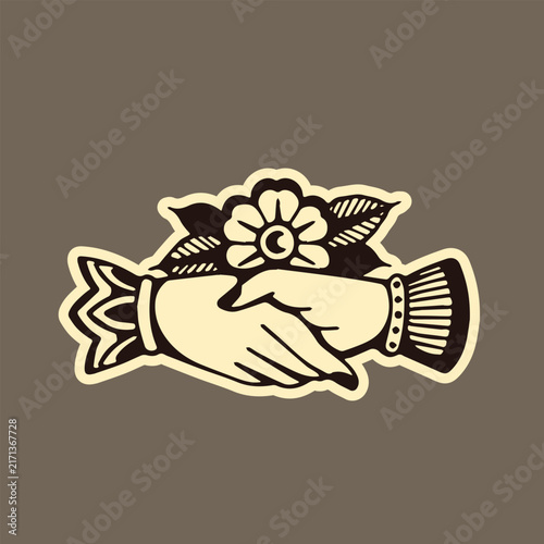  Old School Shaking Hands with flower Tattoo Design, American Traditional Style Illustration