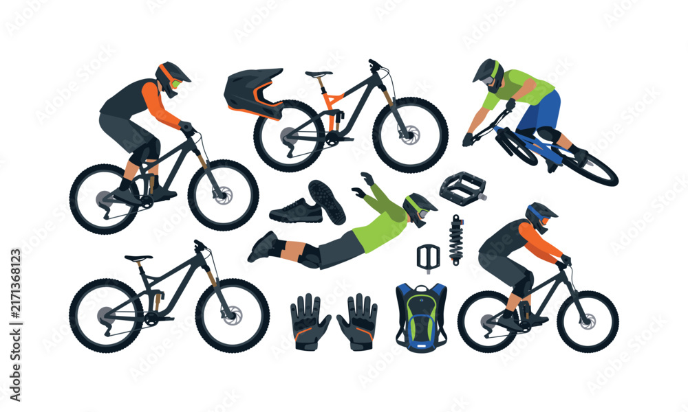 Fototapeta premium Mountain bikers performing stunts and gear elements in dynamic action vector illustration