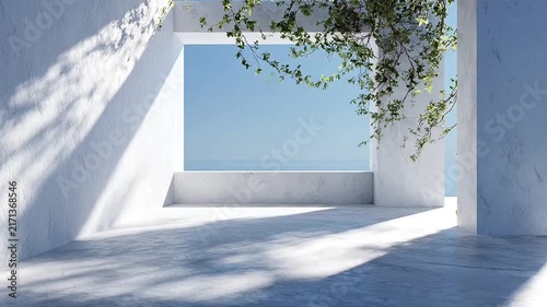 Minimalist white terrace overlooking tropical ocean view.