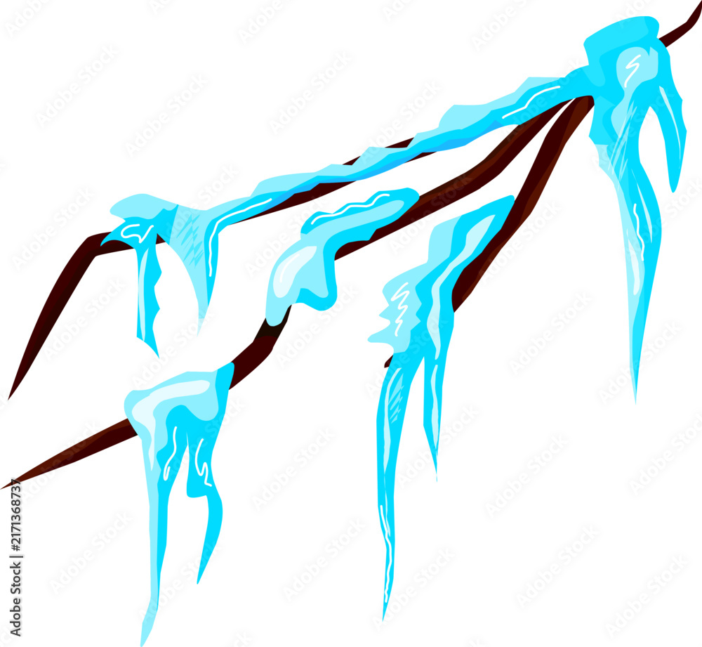 Fototapeta premium A detailed vector illustration of a bare tree branch covered in blue ice cap with sharp hanging icicles. Perfect for winter designs, Christmas cards, seasonal banners, weather icons, and cold climate 