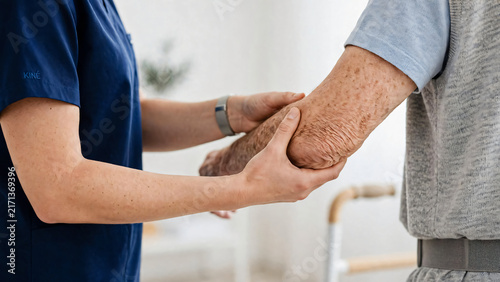 Infirmière aidant un homme agé a se mettre debout en le tenant par le bras