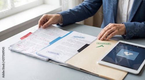 Cuadro en lienzo Businessman's hands efficiently manage a document workflow, transitioning from draft to revision to final approval