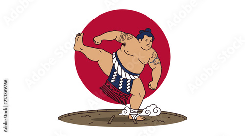 Canvas Print Illustrated Japanese Sumo Wrestler Lifting Leg on Red Circle