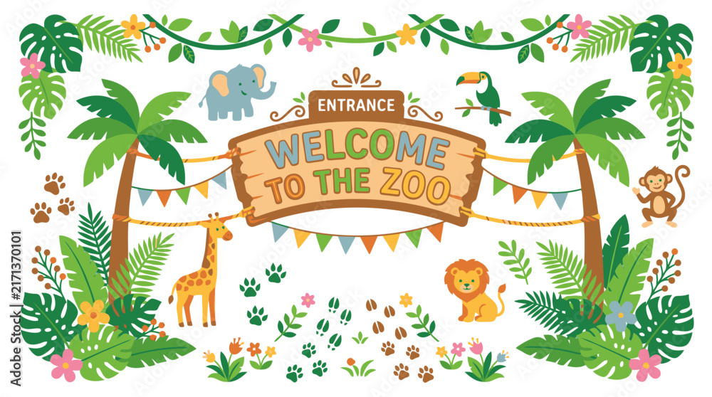 Fototapeta premium Welcome to the zoo signboard with cute cartoon jungle animals. EPS Editable. Vector Illustrations.