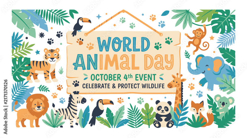 Fototapeta premium World Animal Day celebration banner with cute wild animals and tropical leaves. EPS Editable. Vector Illustrations.