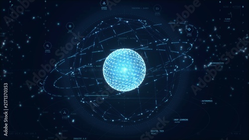 Bild auf Leinwand Cyan wireframe globe orbital rings technology background