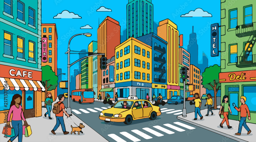 Obraz premium Flat design vector illustration of a busy city street corner with diverse people, cars, and buildings, depicting urban life.