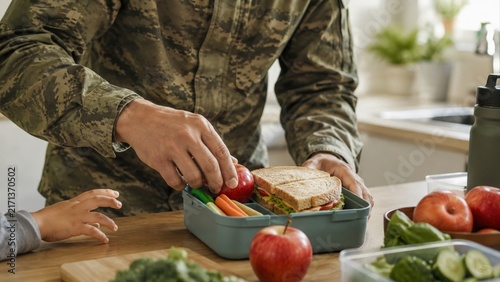 Soldier Packing Healthy Lunch Box With Child at Home