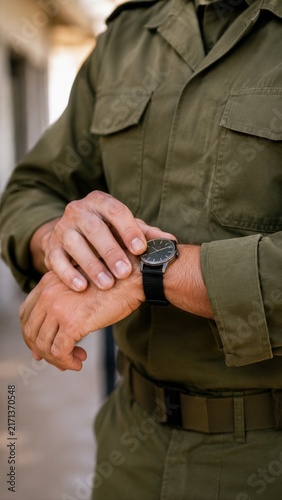 Soldier Checking Wristwatch Before Starting Duty Indoors