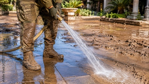Soldier Washing Mud From Pavement With Water Hose