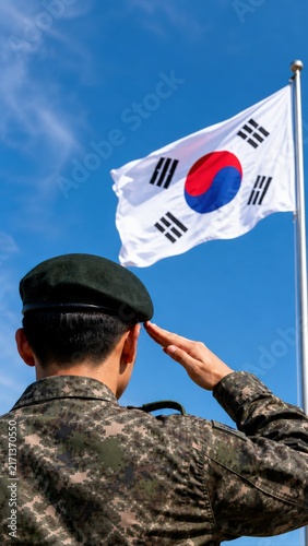 Soldier Saluting South Korean Flag From Behind Outdoors