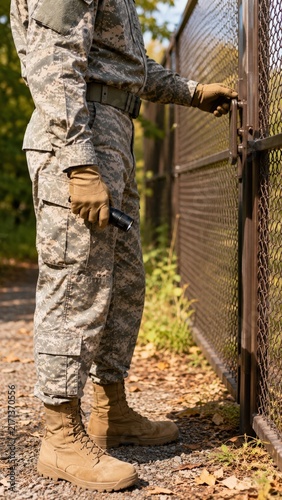Soldier Opening Metal Security Gate While Holding Flashlight