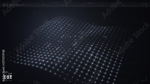 Blue IoT device mesh grid with undulating network waves background
