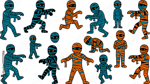 Obraz na plátne Collection of funny cartoon mummy characters walking and posing in different act