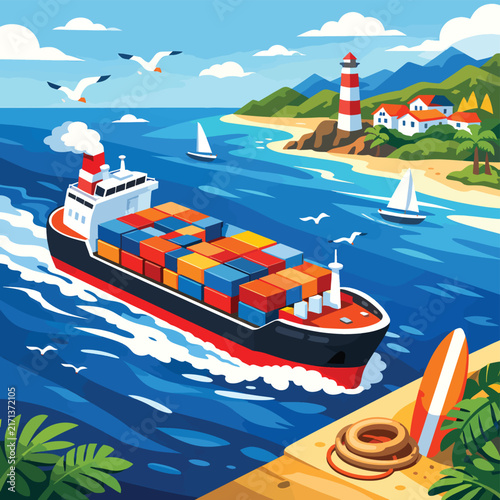 Cargo ship sailing near tropical island with lighthouse and beach