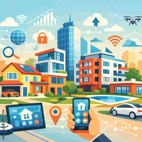 Smart home and city technology concept with modern buildings and devices