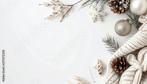 Cozy Winter Holiday Flat Lay with Pinecones and Ornaments.