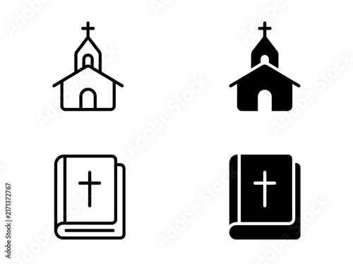Christian church building and holy bible book with cross icon set
