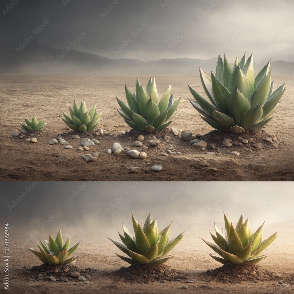 Fototapeta premium Artistic triptych highlighting the structural beauty of agave succulents; subtle color shifts across the panels emphasize texture and form.