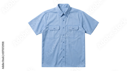 Light blue short sleeve work shirt, professional button down uniform with pockets, casual male apparel on white background