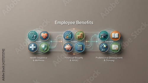 Comprehensive Employee Benefits Infographic Showing Health Insurance And Financial Security